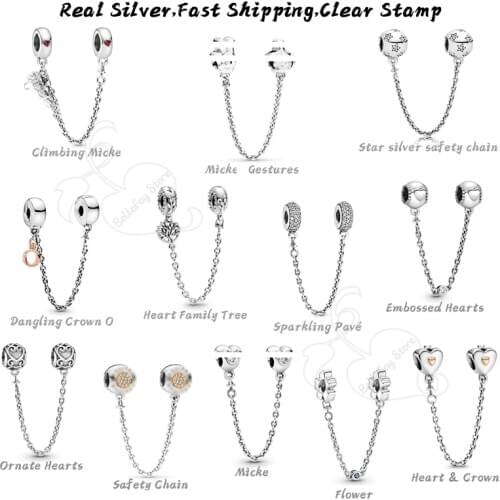 100% Real 925 Sterling Silver Safety Chain Heart Family Tree Gestures Fits Pdoras Bracelets Bangles Jewelry DIY Making