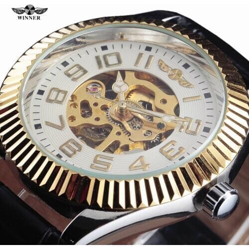 New WINNER Watches Men Skeleton Mechanical Wrist Watch Business Leather Gear Case Popular Brand Automatic Men Clock Gold Watches