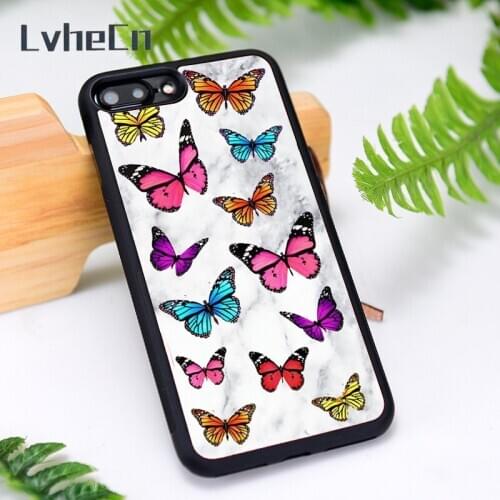 LvheCn Silicone Rubber Phone Case Cover for iPhone 6 6S 7 8 Plus X XS XR 11 12 Mini Pro Max butterfly white marble