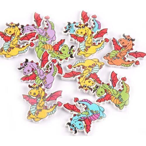 DIY Clothes Accessories Wooden Buttons Handmade Decor 25pcs Mixed Painted Dragon Buttons For Scrapbooking Crafts 28x27mm M1582