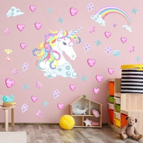 Fantasy Unicorn Heart Stars Rainbow Wall Sticker Girls Bedroom Wall Decal Art Decal DIY Nursery Home Decor