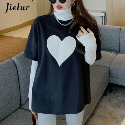 Jielur Top Hit Color T-shirt Patchwork Fake Two Piece Basic Black White Tee Shirt Long Sleeve Love Print Tee Women Clothing 2021