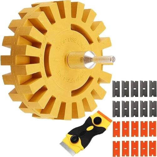 Decal Adhesive Remover, Striped Rubber Eraser Wheel For Drill Adapter With Plastic Razor Blades For Pinstripe