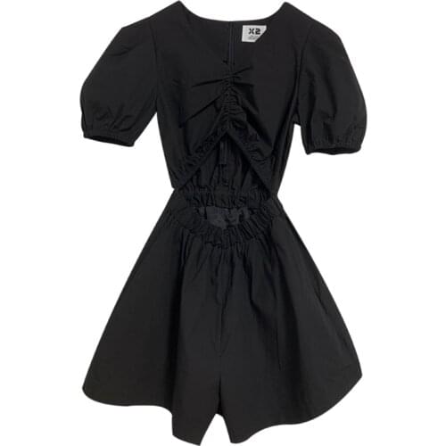 PERHAPS U Solid Pocket Black White V Neck Short Sleeve Puff Sleeve Rompers Summer Hollow Out J0132