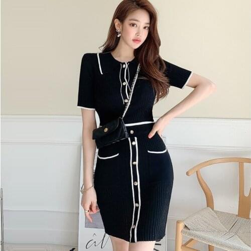 Korean Two Piece Set Women Knitted Buttons Elastic Waist Mini Skirts + Sweater Tops Summer Black Knitwear Office Lady Suit B899