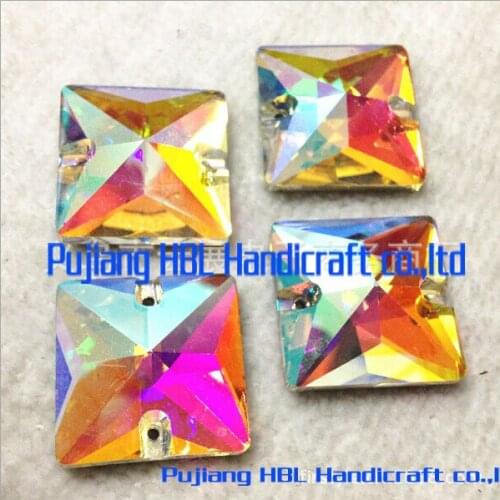 Crystal AB 14MM 28PCS Square Sew On Stone Strass Crystal Rhinestone With 2 Holes Silver Base For Dress