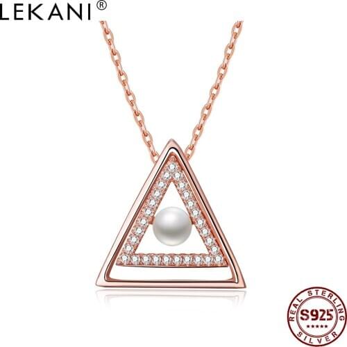 LEKANI Necklaces For Women 925 Sterling Silver Geometry Triangle Full Cubic Zirconia Pendant Luxury Shell Pearl Necklace Jewelry