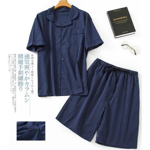 Summer Men Printed Pyjamas Suit Male 100%Cotton Sleepwear Home Wear Short Sleeve Plaid Nightwear 2 PCS Large Size M L