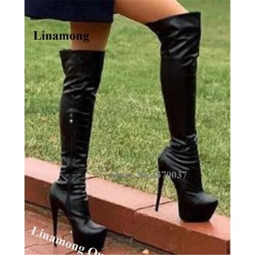 Linamong Women Sexy Round Toe High Platform Stiletto Heel Over Knee Boots Black Leather Slim Long High Heel Boots Club Shoes