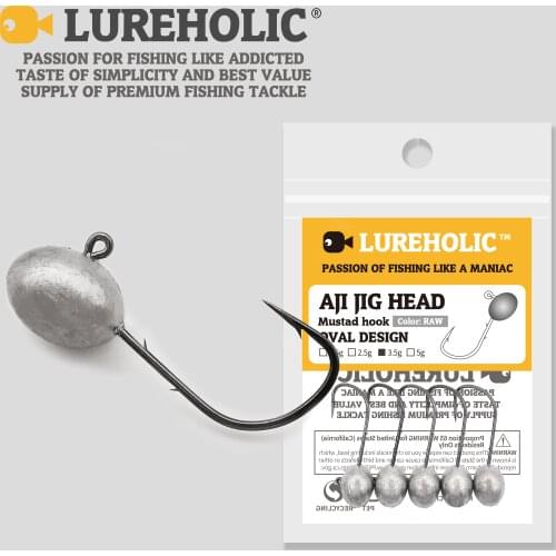 Lureholic 5pcs Aji Head Hook with Mustad hook 1.5g 2.5g 3.5g 5g Rock Fishing Hooks Finesse Lure Fishing jig head double barbs