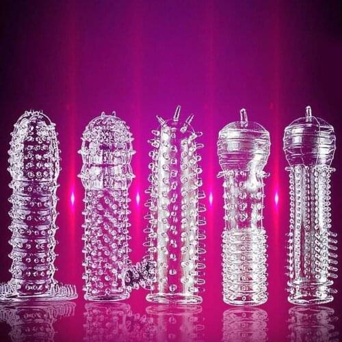 Extension Reusable Condom Penis Sleeve Male Enlargement Time Delay Spike Clit Massager Cover Crystal Clear Condoms Adult Sex Toy
