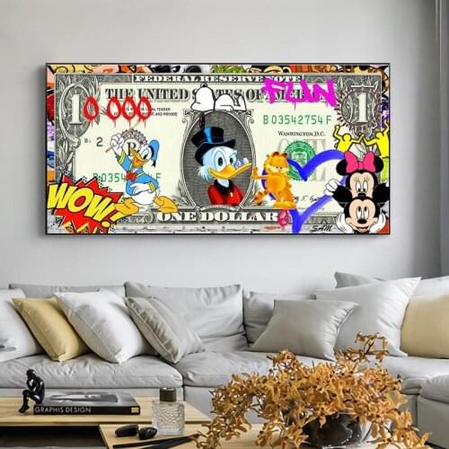 Cartoon Minnie Mickey Art Poster and Prints Creative Money 10000 Dollars Canvas Painting Wall Art Picture for Living Room Decor