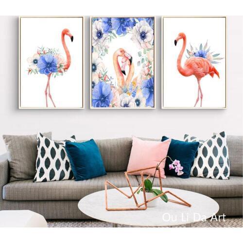 No frame blue flower flamingos set oil painting canvas printings printed on canvas modern home wall art decoration picture