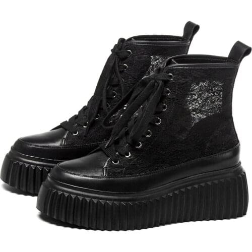 High Top Oxfords Shoes Women Lace Up Genuine Leather Wedges High Heel Ankle Boots Female Round Toe Fashion Sneakers Casual Shoes