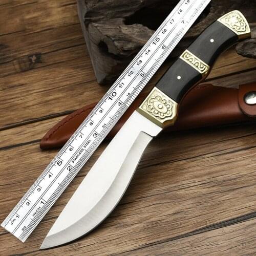 VERY STURDY Military Full Tang Fixed Blade Copper+Wood Handle Outdoor Kukri Tactical Survival Hunting Knife W/Leather Sheath