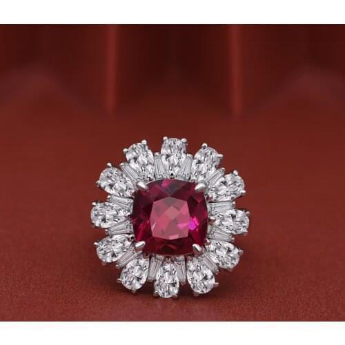 Luxury 100% 925 Silver 9*9MM Ruby Flower Bridal Ring Wedding Engagement Wholesale Exquisite Jewelry