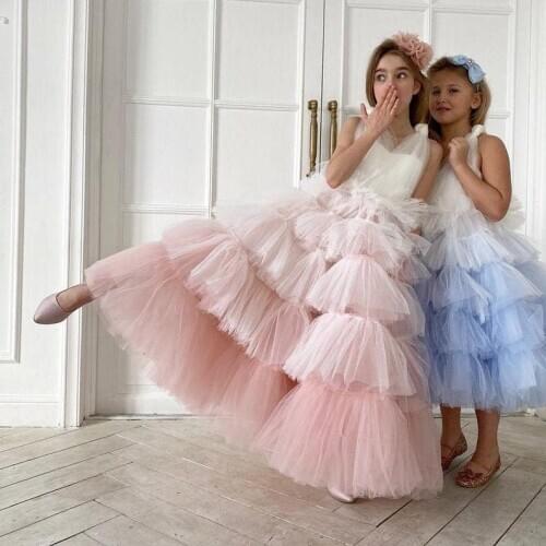 Pink Sleeveless Tulle Flower Girls Dresses V Neck Elegant Girls Tiered Puffy Birthday Dresses Girls Prom Dresses Ball Gowns