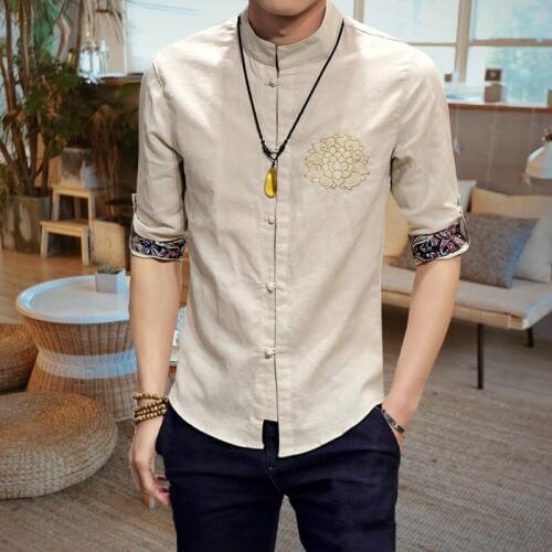 Traditional mens clothing Chinese oriental male linen shirt short sleeves linen white shirts vintage linen cloth TA130