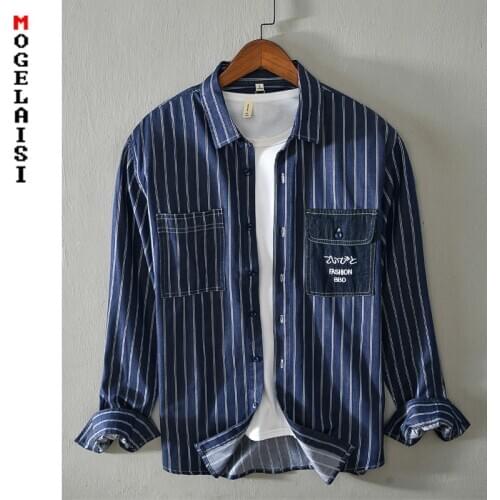 New fashion Striped shirt men Autumn long sleeve blue Striped Comfortable Double pocket slim man shirts tops chemise homme 1216