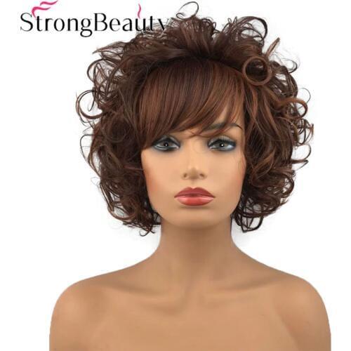 StrongBeauty Short Curly Wig Synthetic Wig for Women Red Brown Wig with Bangs 8 Inch