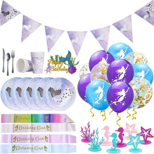 Mermaid Theme Tableware Paper Plates Cup Straws Cake Decors Summer Mermaid Party Supplies Balloons Kid Birthday Party Decoration
