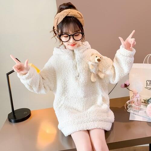 Girls' Hoodies Sweatshirts Kids Underwear 2021 Blue Velvet Thicken Warm Winter Autumn Cotton Tops Fleece Childrens Clothing