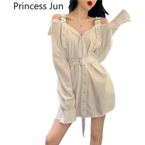 Spring 2021 New Sexy Women Cold Shoulder Long Shirt Long Sleeve Slash Neck Belt Waisted Blouse Black White Slim Chic Long Tops