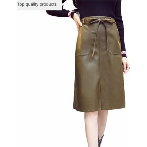2020 Autumn Winter Women Skirts Midi PU Faux Leather Skirt With Pockets Sexy A-line Package Hip High Waist Women Clothing YQ171