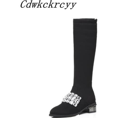 Autumn and winter New style fashion Rhinestone personality Knight boots Cashmere Keep warm black sexy Thin leg Women Boots 34-48
