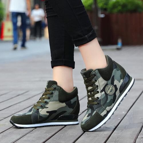 Womens Walking Shoes Outdoor Sneakers Breathable Height Increasing Casual Shoes Lace-up Camouflage Wedges