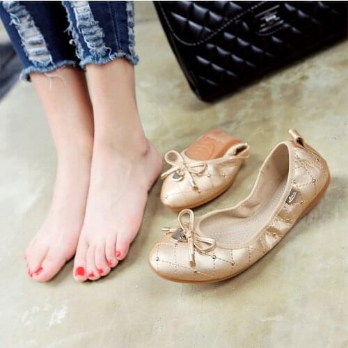 Plus Size 35-43 Women Flat Heels Shoes PU Leather Shoes Lady Flats Round Toe Soft Sole Bow Tie Decoration Casual Shoes