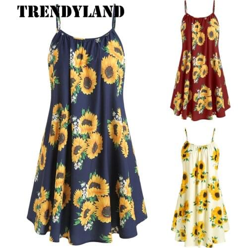 Trendyland Women Dresses Sleeveless Sun Flower Print O-neck Slim Fit Backless Summer Party Sexy Dress Sundress Dropshipping