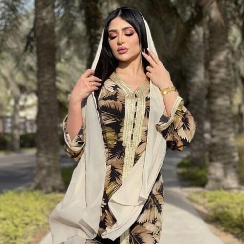 Ramadan Eid 2021 Muslim Dubai Jalabiya Long Sleeve Dresses New Arabic Islamic Clothing Abaya Print Leaf Dress for Women