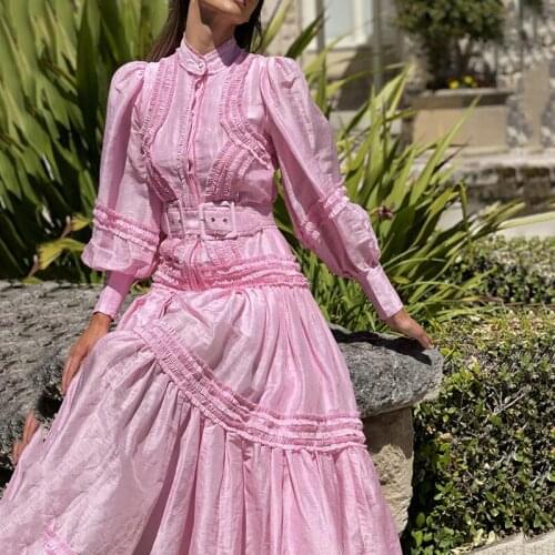 Fashion Sweet Style Pink Color Ruffles Women Long Dresses Lantern Sleeves Elegant Patchwork Runway Showing Dress For Lady