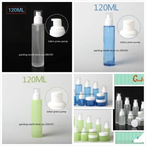 120ml frosted/green/blue/white glass bottle white pump clear lid for serum/lotion/emulsion/foundation/toner cosmetic packing