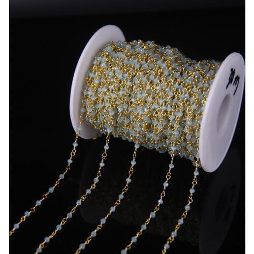 5Meter sky blue Glass Faceted Faceted Plated Gold Chains supplies, Rondelle Wrapped links Rosary Chain Necklace Findings 3x4mm