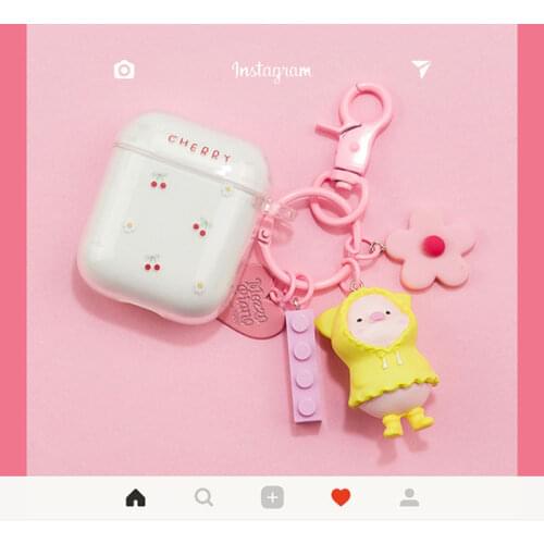 Simple Cherry Pattern Soft Earphone Case For AirPods 1 2 3 Pro Wireless Bluetooth Headset Cover With Cute Raincoat Pig Key Ring