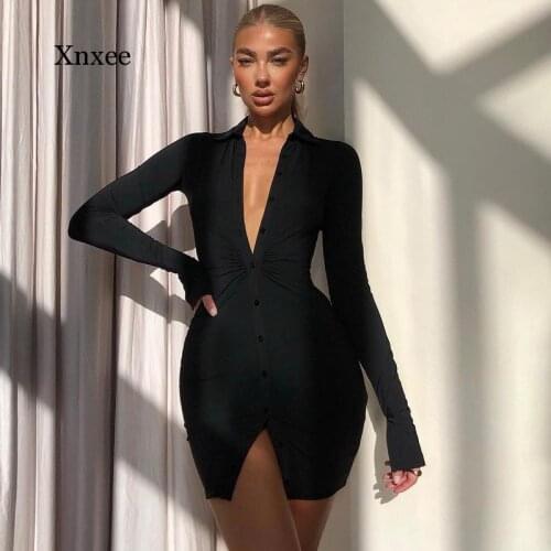 Black Womens Shirt Dress Fashion Casual Turn-Down Collar Button Up Womens Mini Dresses Bodycon Solid