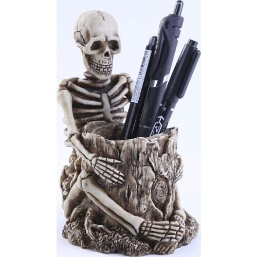 Skull Pen Holder Skeleton Makeup Brush Pencil Storage Home Office Desk Organizer 24BB