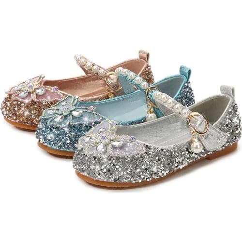 Kids Dress Flats Girls Leather Shoes Children Fashion Shoes Crystal Pearls Beading with Butterfly Princess Wedding Shoes 23-35