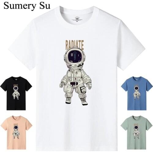 T Shirt Men 100% Cotton Tops Kawaii Astronaut Print T-shirt Crew Neck Fitted Soft Anime Manga Tee Breathable Shirt Clothes New