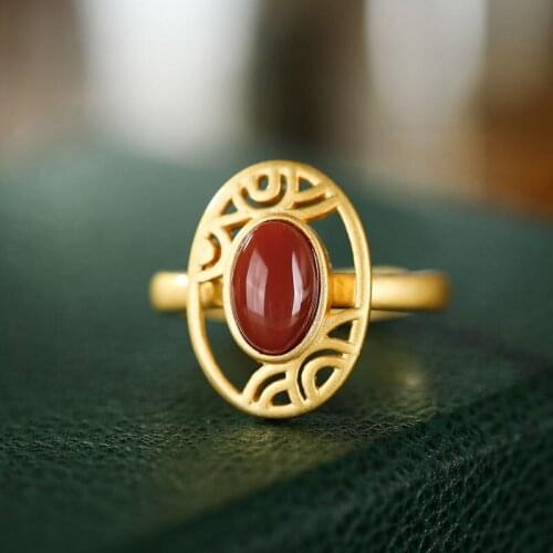 S925 Sterling Silver Natural South Red Agate Ring Lady Temperament Retro Exquisite Simple Ornament