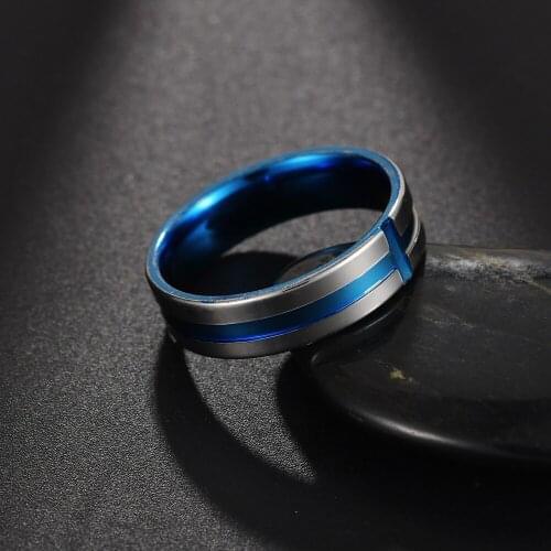 6MM Creative Cross Ring Simple Silver Blue Titanium Steel Ring Stainless Steel Ring