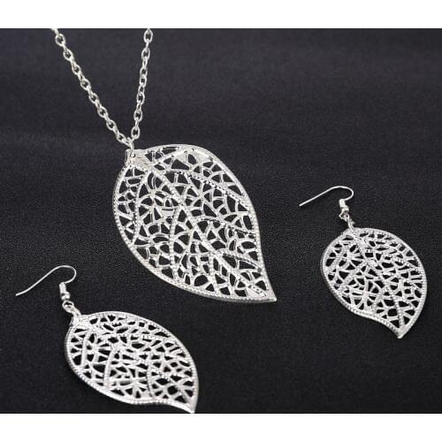 Fashion Wedding Bridal Jewelry Set Silver Plated Leaf Pendant Necklace+Drop Earrings Sets for Women Party accessories