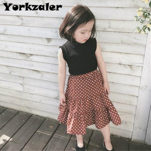 Girls Clothes Set Fashion Black Sleeveless Shirt and Dot Brown Skirt Elegant Baby Kids Clothing SetsKids Wear Clothes Outfits