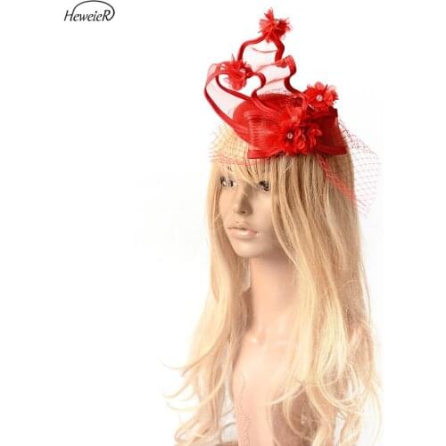 Handmade Red Fascinator Hat Birdcage Veil Flower Beads Bow Hair Clip Cocktail Ascot Wedding Headwear