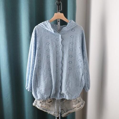 Lamtrip Retro Boutique Hollow Out Hooded Long Sleeve Single Breasted Cardigan Shirt Thin Coat Autumn 2021