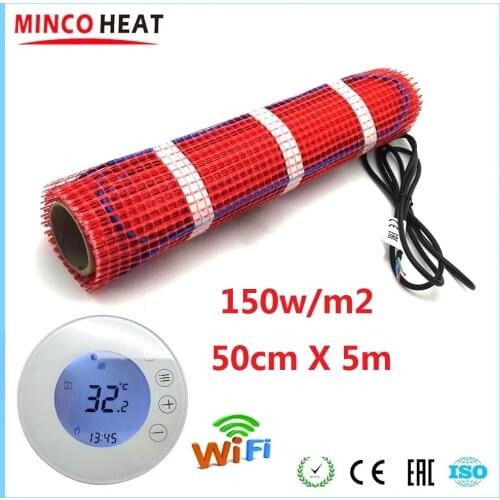 MINCO HEAT 50cmX5m 2.5m2 Tile Warm Mat Glass Fiber Net 150W/m2 Water-proof Heating Cable Mat with WiFi Thermostat Kits