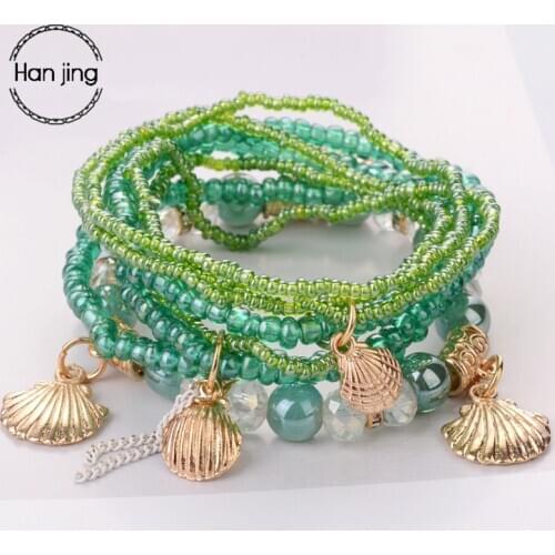 Fashion Boho Sea Shell Scallop Rose Gold Charm Bracelets & Bangles Women Jewelry Crystal Beads Wrap Bracelet Set Gifts For Women