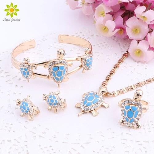 Fashion Gold Color Jewelry Sets Women Metal Chain Pendant Animal Tortoise Necklace Earrings Braceket Ring Sets for Girls